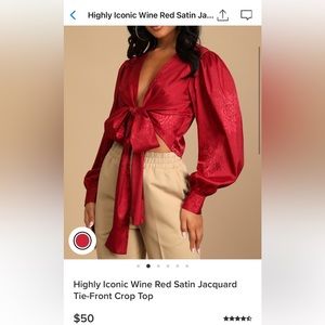 Lulus - Highly Iconic Wine Red Satin Jacquard Tie Front Crop Top